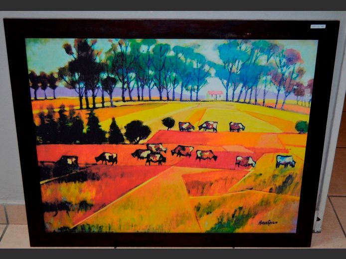 DARKWOOD FRAMED WATERCOLOUR ON CANVAS "COWS GRAZING" SIGNED MANUS ROSSOUW, 91.5 x 74cm