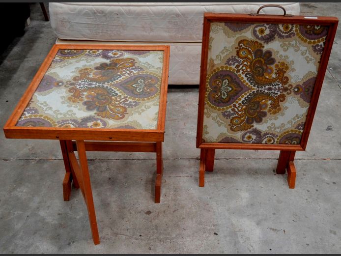PAIR TEAK & TAPESTRY FOLDING FIRE SCREENS, 60 x 48 x 58cm