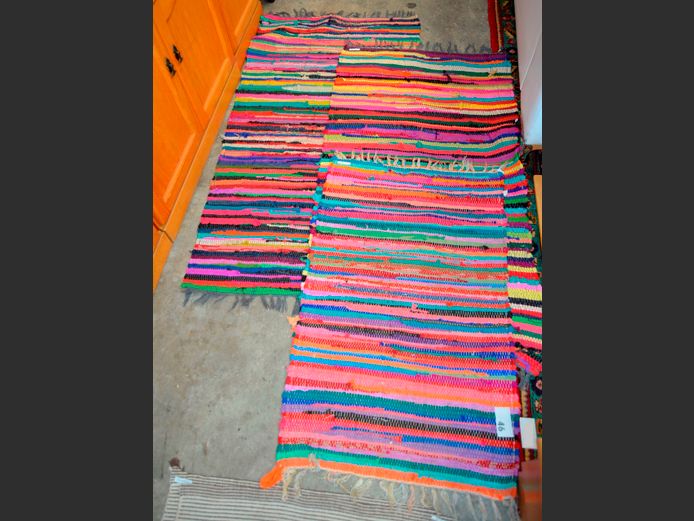 SET OF 3 COLOURFUL WOVEN RUGS, 135 x 75cm, 130 x 70cm & 96 x 60cm