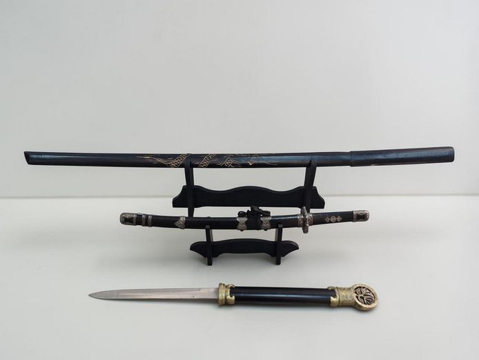 Decorative Japanese-Style Sword and Bokken Set with Stands