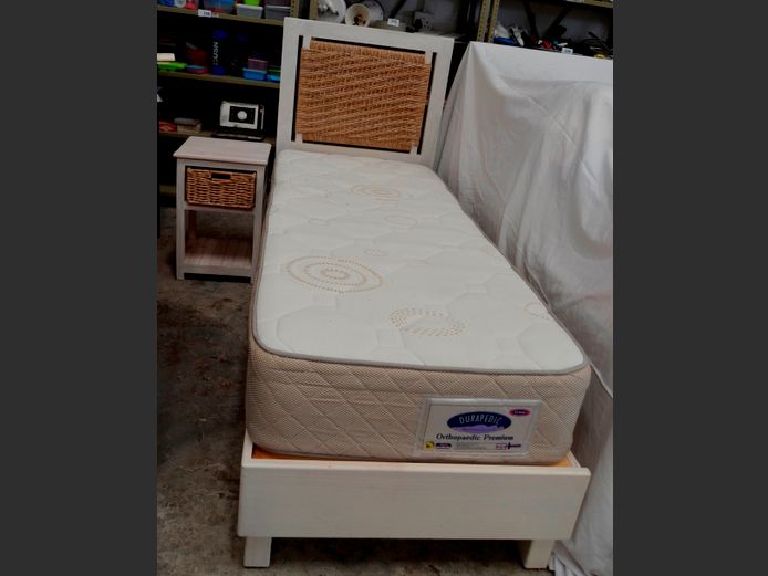 DURAPEDIC EXTRA LENGHT SINGLE MATTRESS ON CREAM PAINTED DIVAN WITH HEADBOARD & PEDESTAL, 40 x 39 x 61cm