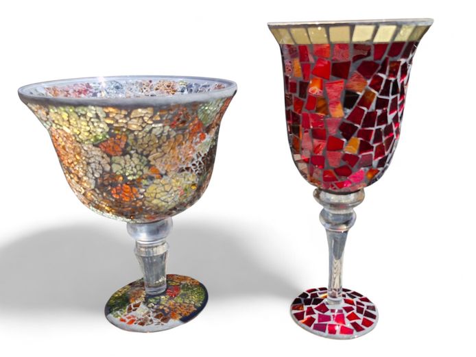 Large Multi-Colored Mosaic Glass Candle Holder Goblets
