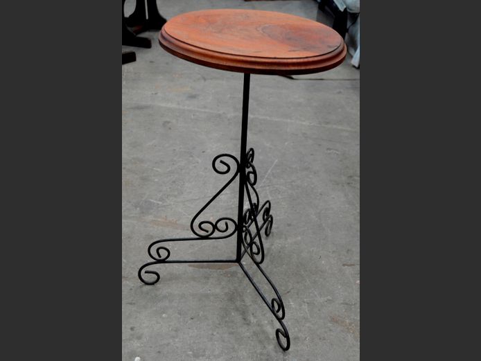 WROUGHT IRON & TEAK SIDE TABLE, 37 x 30 x 68cm