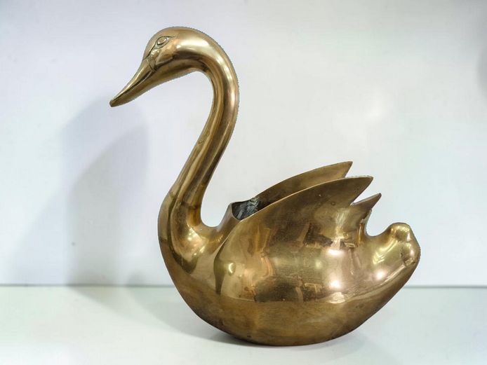 Large Vintage Solid Brass Swan Planter (36cm, 2.3kg)