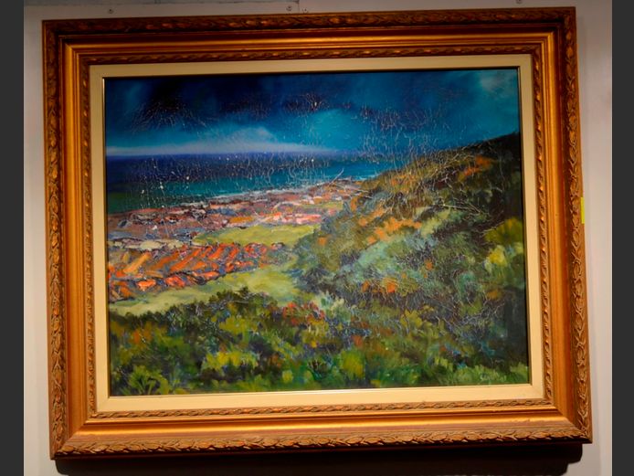 GILT FRAMED OIL ON CANVAS "SEASIDE VILLAGE", 78.7 x 60cm [In need of restoration]