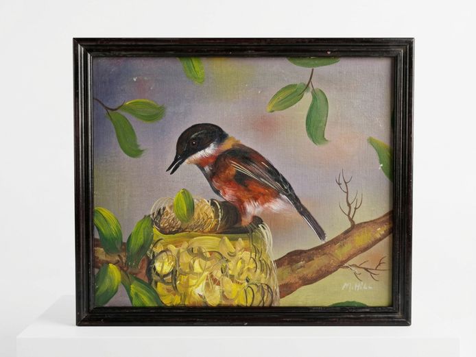 Framed Original Oil Painting of a Songbird at Nest by M. Hill (20th Century)