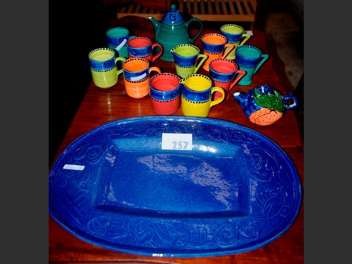 BLUE STONEWARE PLATTER, 52 x 34cm, COLOURFUL MUGS, TEAPOT, COFFEE POT, etc [1,2]