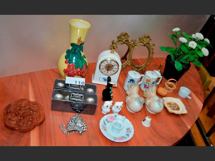 CERAMIC MANTEL CLOCK, VASE, CANDLESTICK, NAPKIN RINGS, etc