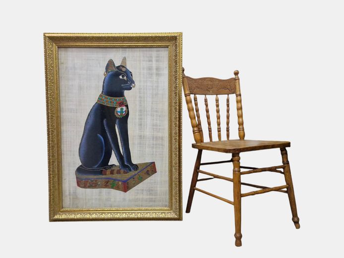 Large Framed Egyptian Bastet Papyrus Painting