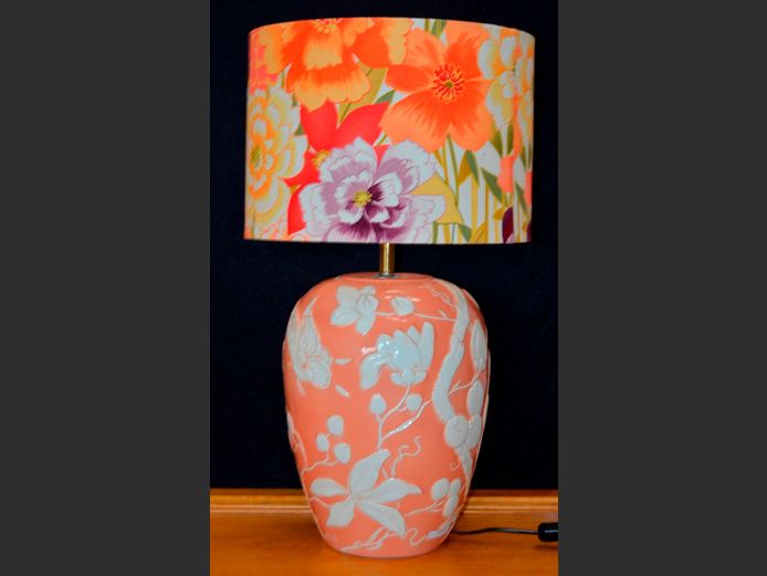 PEACH & WHITE BUTTERFLY DETAILED CERAMIC LAMP WITH FLORAL SHADE, 35cm Diameter x 64cm High