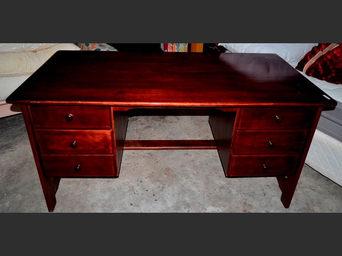 STAINED PINE 6-DRAWER DESK, 149 x 75 x 74cm