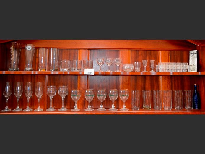 ASSORTED DRINKING GLASSES ON 2 SHELVES: IRISH COFFEE, SHERRY, SHOT, etc