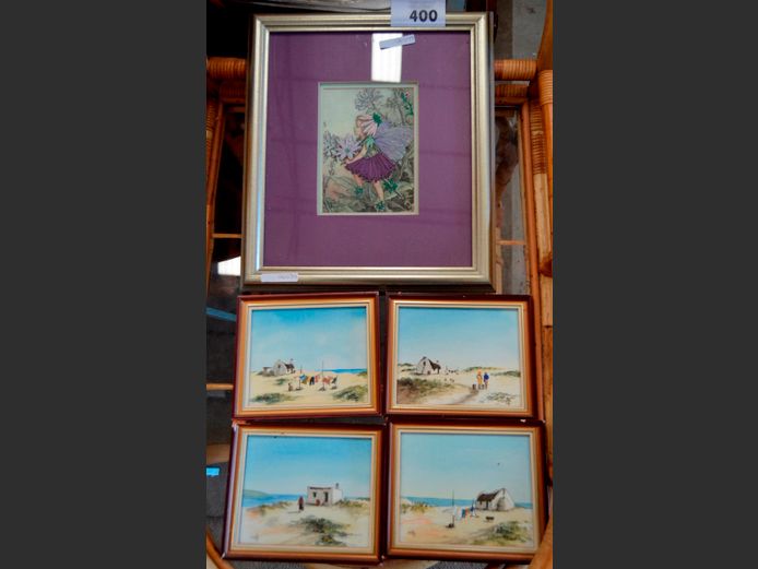 SET OF 4 FRAMED WATERCOLOURS "COTTAGES" SIGNED LUCILLE & A GILT FRAMED PRINT OF A FAIRY, 16 x 11.5cm & 15.5 x 11.5cm