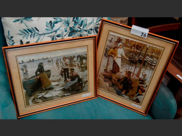 SET OF 2 FRAMED PRINTS BY STANHOPE A. FORBES: A FISH SALE ON A CORNISH BEACH & THE OLD PIER, 29.5 x 23.5cm & 29 x 23.5cm