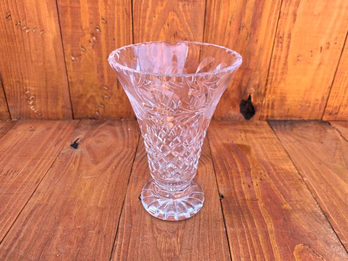 Cut Glass Trumpet Vase - Footed Floral & Diamond Pattern