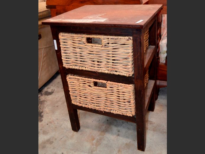 STAINED PINE 2 WICKER DRAWER PEDESTAL, 43 x 38 x 62cm [Needs re-staining]