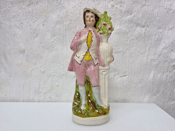 Vintage Staffordshire-Style Ceramic Gentleman Figurine with Floral Pedestal Pillar