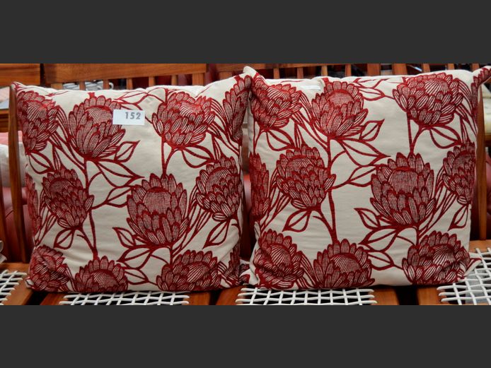 PAIR RED & WHITE "PROTEA" SCATTER CUSHIONS, 55 x 55cm