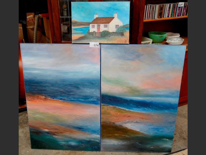 SET OF 2 UNFRAMED OILS ON CANVAS & ANOTHER, 91x 61cm & 42.5 x 29.5cm