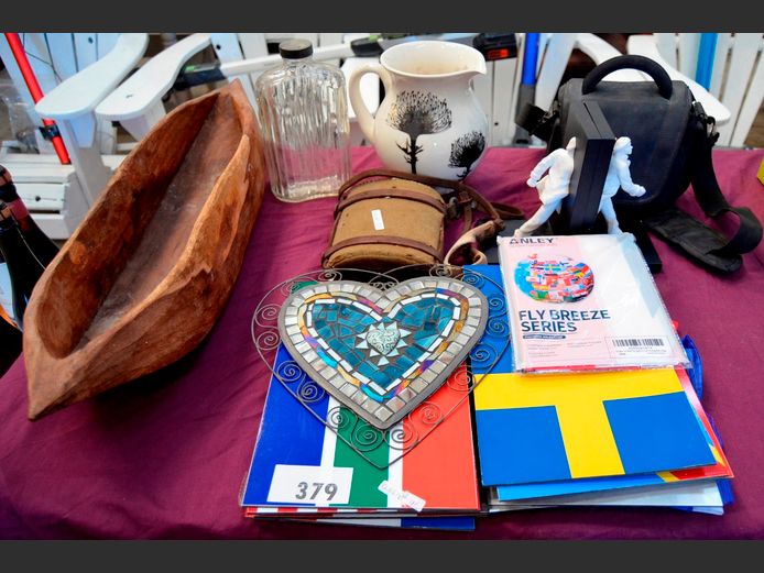 ASSORTED FLAGS, LARGE WOODEN BOWL, BOOKENDS, VINTAGE BOTTLE, JUG, etc [55,71]
