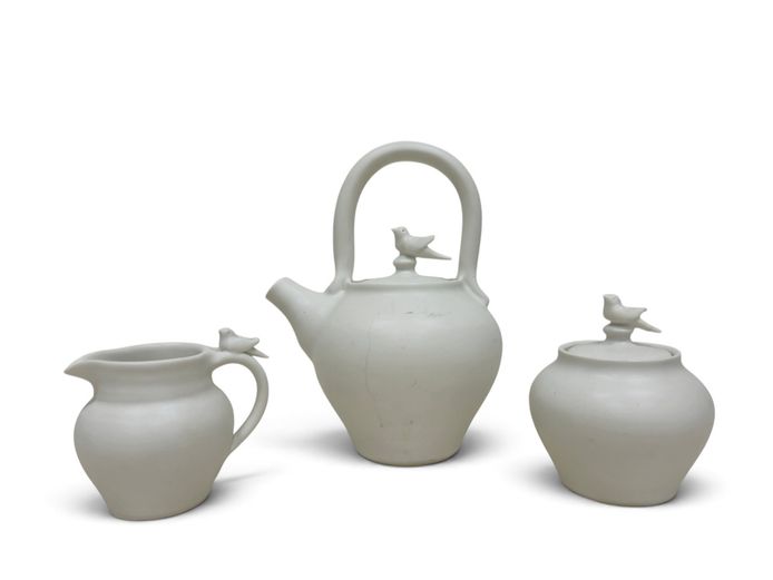 Minimalist Ceramic Tea Set with Sculptural Bird Finials