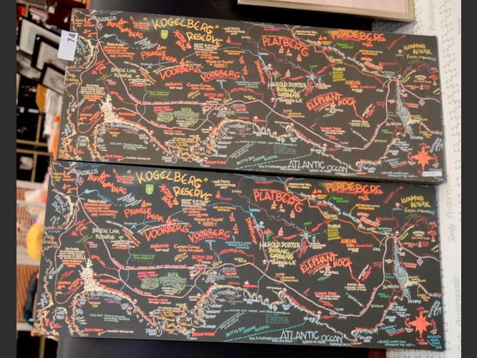 PAIR UNFRAMED MAPS ON CANVAS, 88.5 x 37cm