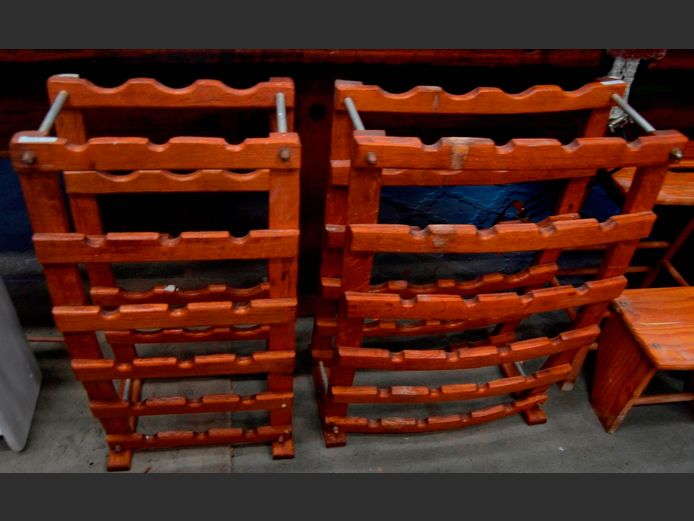 LOT OF 2: OAK & METAL WINE RACKS, 63 x 25 x 76cm & 39 x 23 x 76cm