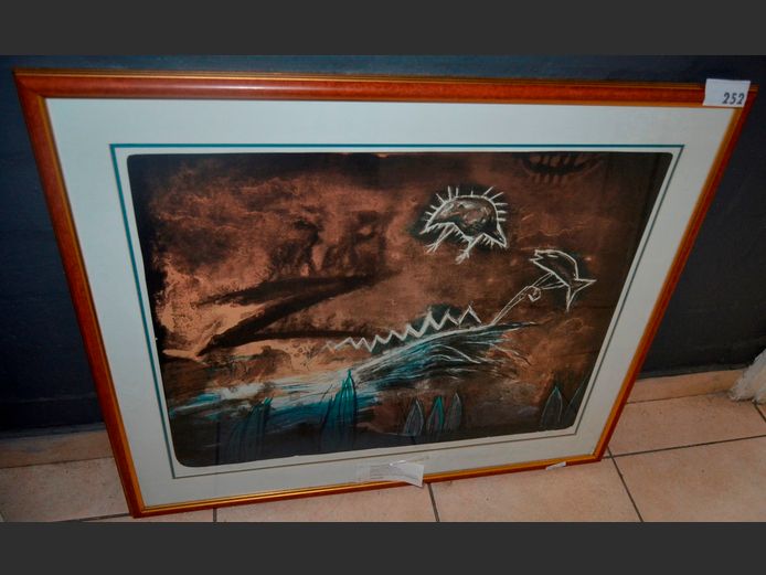 DARKWOOD FRAMED PAINTING SIGNED VEERLE ROOMS, 79 x 63cm