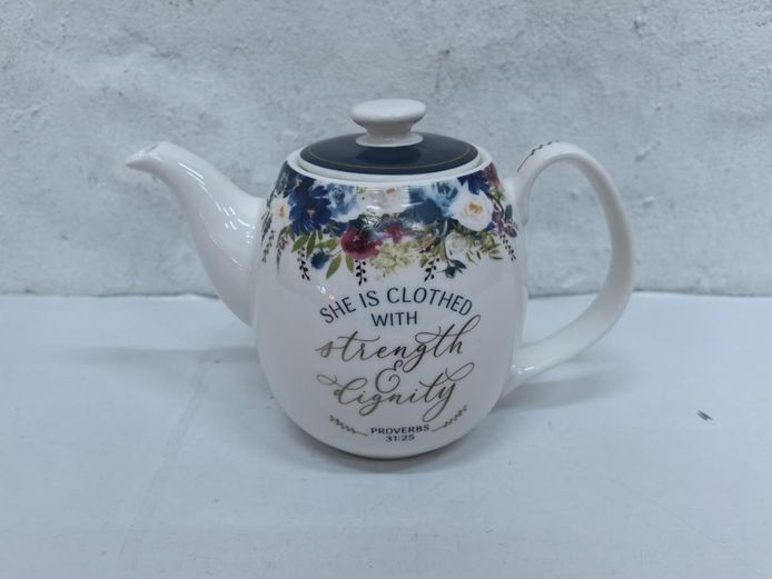 legantly Scripted "Strength & Dignity" Floral Ceramic Teapot