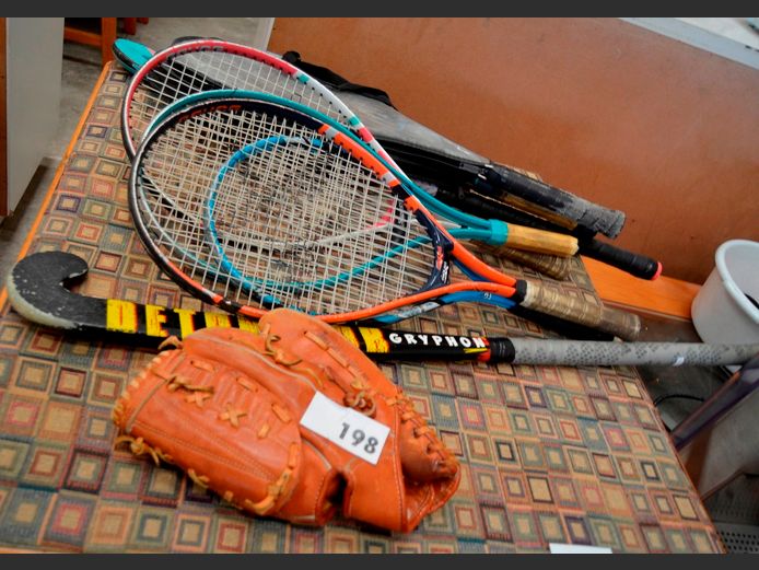 LOT: TENNIS RACQUETS, BASEBALL MITT, etc