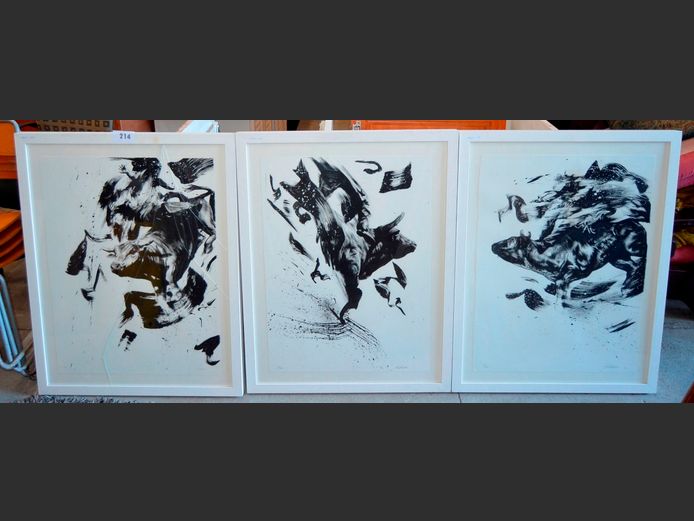 SET OF 3 WHITE FRAMED PRINTS "BULL RIDING" SIGNED TOM FRENCH & NUMBERED 6/50, 9/50 & 11/50, 75.5 x 56cm [Glass damaged to 1]