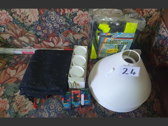 LOT: PORCELAIN VOTIVES, SAFETY VESTS, PAIR LAMP SHADES, etc