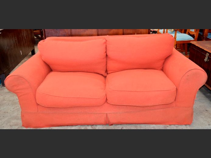 CORICRAFT BURNT ORANGE UPHOLSTERED 2-SEATER COUCH, 200 x 105cm [Needs a clean]