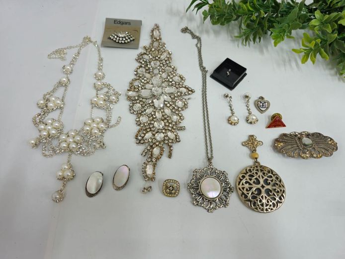 Costume Jewelry Lot - Pearl & Rhinestone Necklaces, Brooches, Mother of Pearl Pendant, Earrings