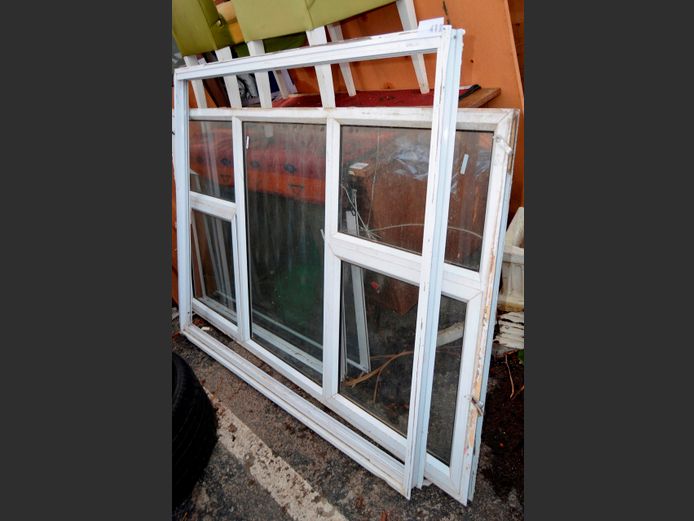 WHITE ALUMINIUM DOUBLE SASH WINDOW & A WHITE ALUMINIUM DOUBLE SLIDING WINDOW [Some glass needed] [11,12]