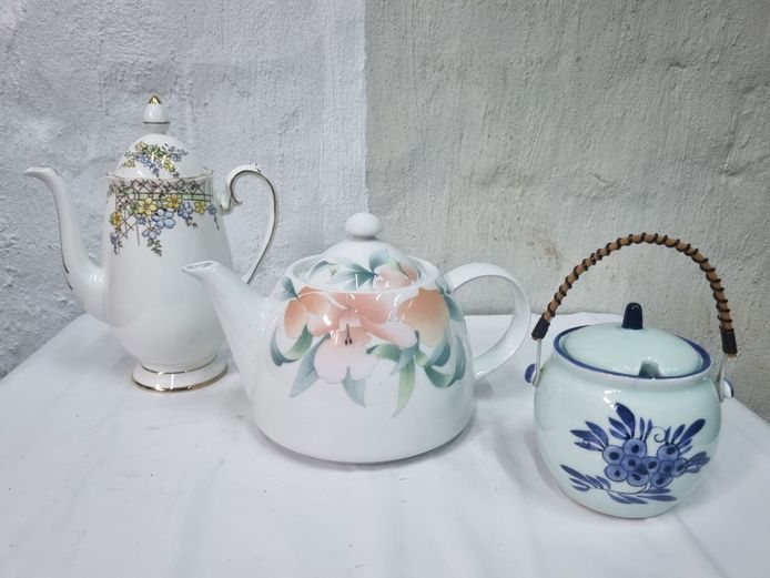 Vintage Ceramic Tea & Coffee Pot Trio with Jam Jar