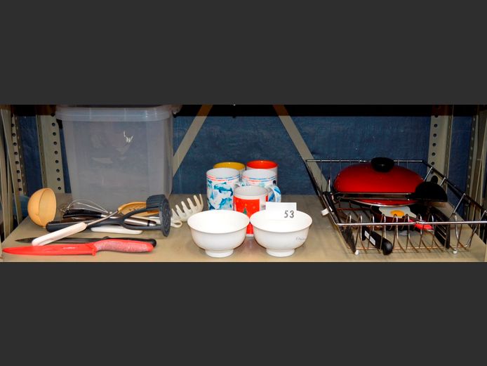 CHROME DISH RACK, MUGS, KITCHEN UTENSILS, etc