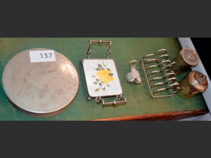 SILVER PLATE: SET OF 6 CIRCULAR PLACEMATS, TOAST RACK, JAM POT WITH LID, etc [46843-9]
