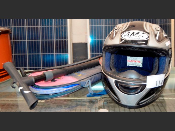 AMA RACING MOTORBIKE HELMET, TENNIS RACQUET & PUMP