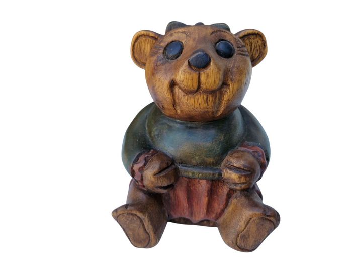 1960's Hand Carved Wooden Teddy Bear Figurine