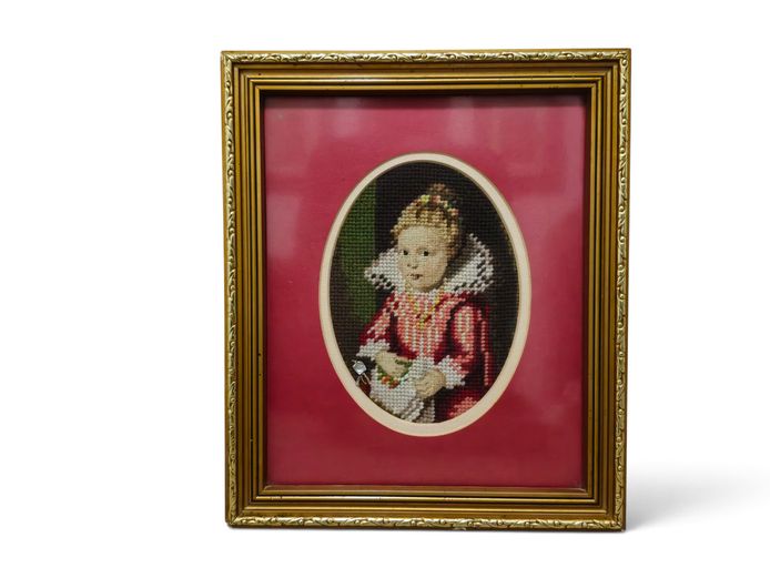 Vintage Framed Renaissance-Style Needlepoint Portrait
