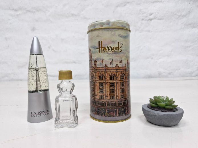 Assorted Collectibles Collection with Harrods Tin and Souvenir Globe