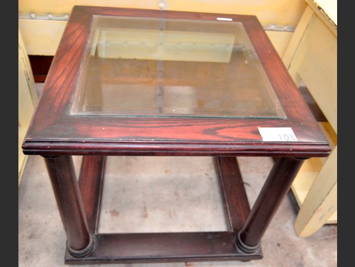 MAHOGANY GLASS TOP SIDE TABLE, 60 x 60 x 55cm
