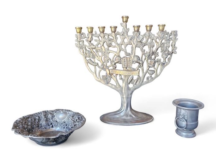 Vintage Plate Menorah, Ornate Dish & Toothpick Holder