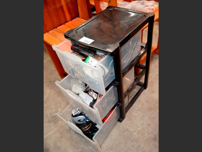 PLASTIC 3-DRAWER SPACE SAVER WITH CONTENTS, 41 x 33 x 63cm