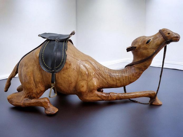 Large Leather Wrapped Kneeling Camel Figure with Saddle