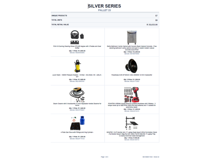 SILVER PALLET OF STOCK (NOT TESTED) TOTAL RETAIL VALUE: R 35,633.00 STC