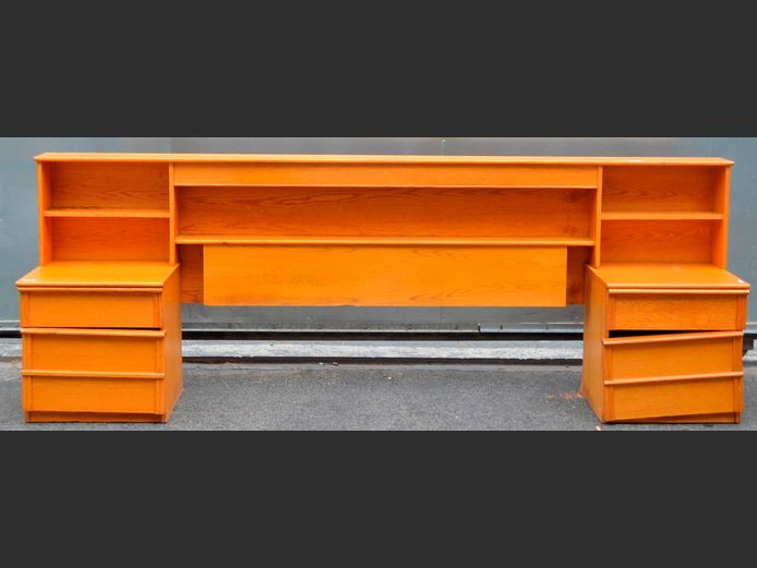 OAK HEADBOARD WITH PAIR PEDESTALS ATTACHED