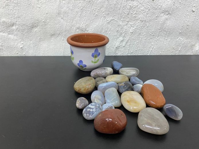 Collection of Polished Gemstones with Small Hand-Painted & Glazed Ceramic Planter
