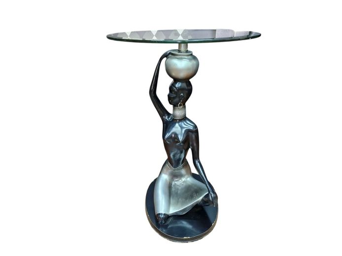 Ethiopian Sitting Lady Sculpture Table with Glass Top